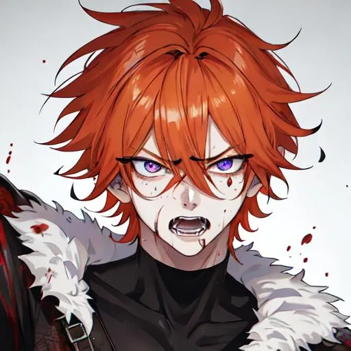 Prompt: Erikku male adult (short ginger hair, freckles, right eye blue left eye purple) UHD, 8K, Highly detailed, insane detail, best quality, high quality, covered in blood, covering his face with his hand, wide eyes, insane, fear, threatening, laughing, angry, fighting, psychopathic, anime style