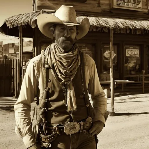 Prompt: A man in a cowboy hat and bandana over his face standing in front of an old time western bank, yellow tint, saloon in the background, western town setting, tumbleweeds, realism style
