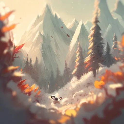 Prompt: bunny, autumn, fluffy, cute, innocent, soft, subtle lighting, dim, cartoon, professional, artistic, concept art, abstract, mountains, snow, grass, cold, warm, red, balance, cartoon, concept art, artistic, professional, Japanese illustration, sketchy