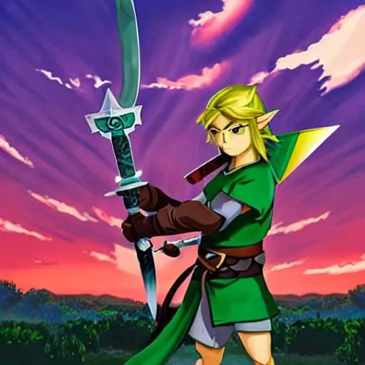 Prompt: Link holding the master sword with a sunset behind him and epic clouds
