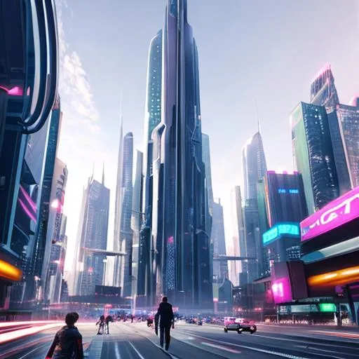 Prompt: futuristic cityscape, as people walk by, cars flying photorealistic