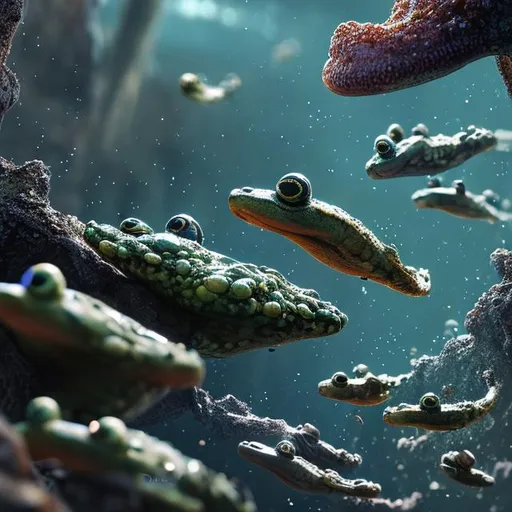Prompt: under water point of view pond, small tadpoles, algae, ultra detailed, intricate details, photo realistic, depth, diffuse lighting, cinematic, unreal engine 5, 4K, very detailed, focused, cinematic lighting, canvas, artstation
