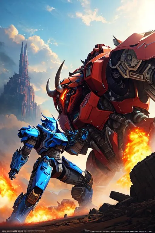 Prompt: 2 mechs fighting, Poster art, high-quality high-detail highly-detailed breathtaking hero ((by Aleksi Briclot and Stanley Artgerm Lau)) - ((Bull )), bull head, UHD, 64k, full form, bull helmet, fighting a dragon mech, dragon mech black and blue, detailed carbon fibre red and black and ultra white mech suit, 8k mech helmet, detailed glowing chest emblem, detailed mech futuristic full body, highly detailed bull face, smoke from nostrils,  with mech armor, add some green,walking through destroyed city ,carbon fibre helmet, red mech armor, fire eyes , detailed skin, detailed mech armour, full body, futuristic mech armor, wearing mech armour suit, 8k,  full form, detailed forest wilderness setting, full form, epic, 8k HD, ice, fire, luminescence , sharp focus, ultra realistic clarity. Hyper realistic, Detailed face, portrait, realistic, close to perfection, more black in the armour, full body, high quality cell shaded illustration, ((full body)), dynamic pose, perfect anatomy, centered, freedom, soul, blonde long hair, approach to perfection, cell shading, 8k , cinematic dramatic atmosphere, watercolor painting, global illumination, detailed and intricate environment, artstation, concept art, fluid and sharp focus, volumetric lighting, cinematic lighting, 
