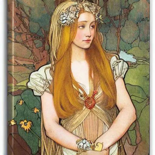 Prompt: full body portrait of a young lady with golden hair, mucha style