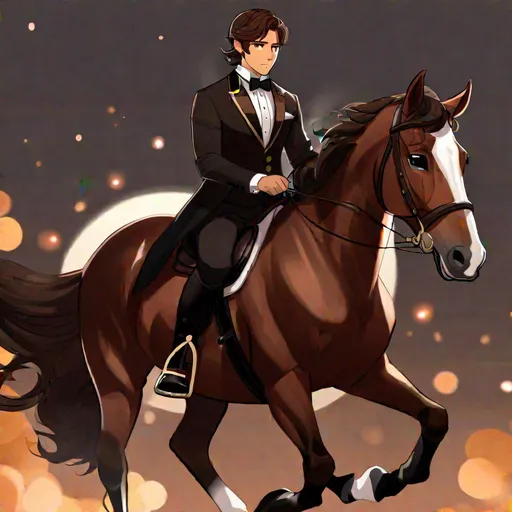 Prompt: Caleb  as a demon horse hybrid (brown hair) (brown eyes) wearing a tuxedo, full body, riding a horse