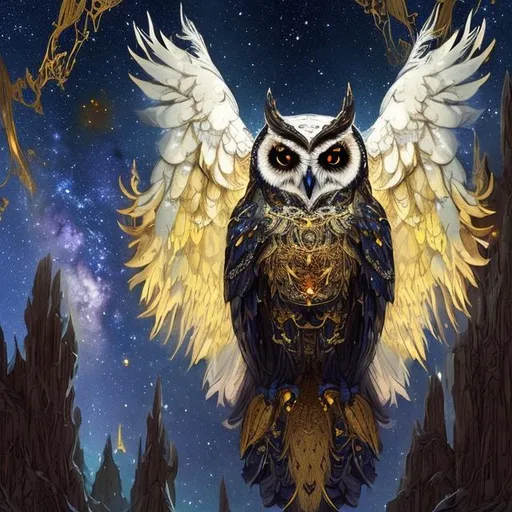 Prompt: character art of fantasy boreal owl humanoid witch looking up at the starry sky inside an observatory, with yellow-gold eyes, white and brown feathers, with wings made of stars, wearing long celestial robes, holding an ornate mirror, very detailed, photorealistic, deep and mysterious colors of the universe, cosmic, capturing the awe-inspiring beauty of outer space