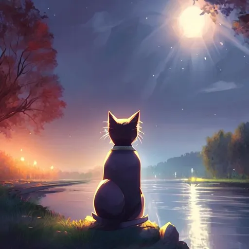 Prompt: emotional cat sitting by a river mourning dramatic lighting full body full portrait far far away digital adorable special no animation