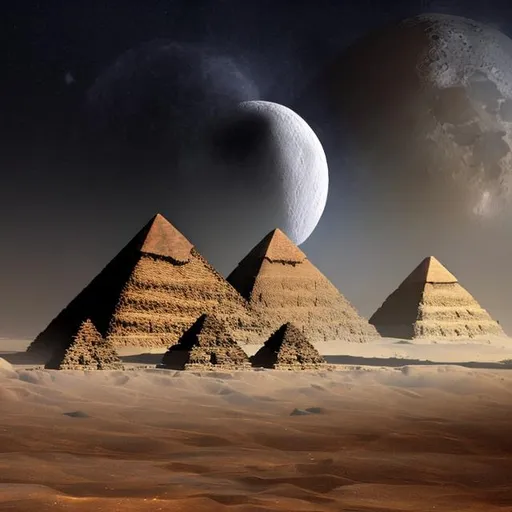 Prompt: image of the pyramids with a mist settling over the floor whilst in background the moon crashing into the planet 