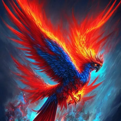 Prompt: Blue and red pheonix rising. I think I want it’s chest up and wings out.