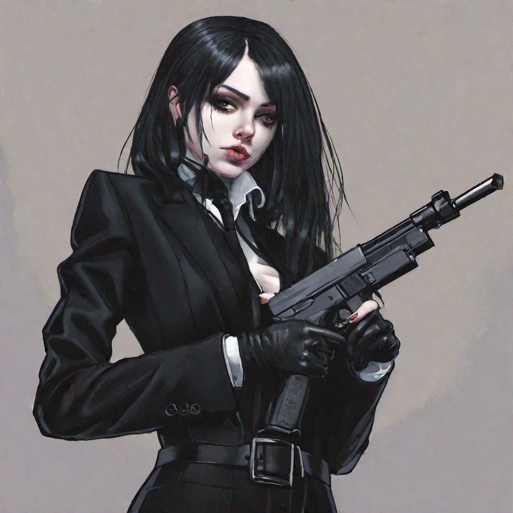 gothic girl with a black suit and a gun | OpenArt