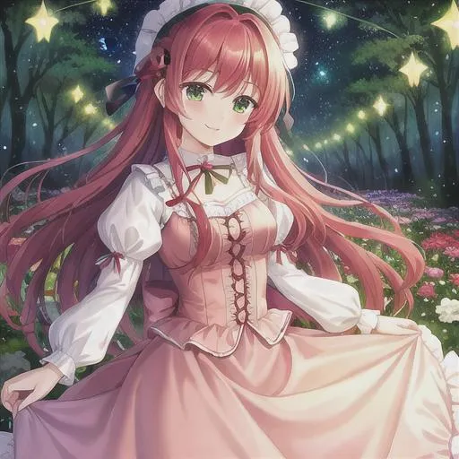 Prompt: Princess picking flowers in an enchanted forest, long red hair, green eyes, smile, pink dress (bright neon color), victorian dress,(starry night)