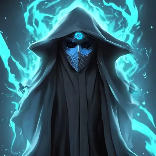 Prompt: dark wizard with a simple full black mask with 2 blue dots as eyes that shows no skin in a full blue robe with no design  young male with no white hair