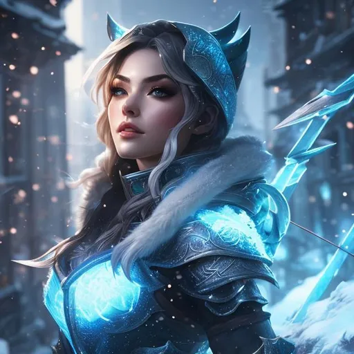 Prompt: upper torso portrait of league of legend's Ashe as frost archer, soft lighting, perfect composition, cinematic, video game trailer, dramatic, detailed painting, 8k, octane render, by makoto shinkai, stanley artgerm lau, wlop, rossdraws, concept art, digital painting, looking into camera,