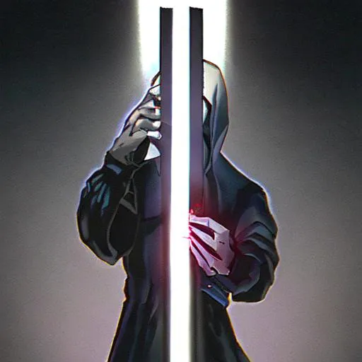 Prompt: lightsaber with an evil soul and a evil jedi holding it  
