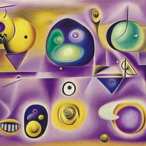 Prompt: An abstract cubism realistic painting of extraterrestrial aliens from all over the galaxy on a purple planet with three Suns above them and 6 moons The weird colorful aliens are all smoking and drinking playing golf. The golf course is the other planets around them. Salvador Dali style with hidden items and riddles placed deep into the painting 