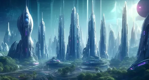 Prompt: Futuristic City White Tall Towers Lush Green Overgrown Plants Light Blue Sky High with many big white spaceships