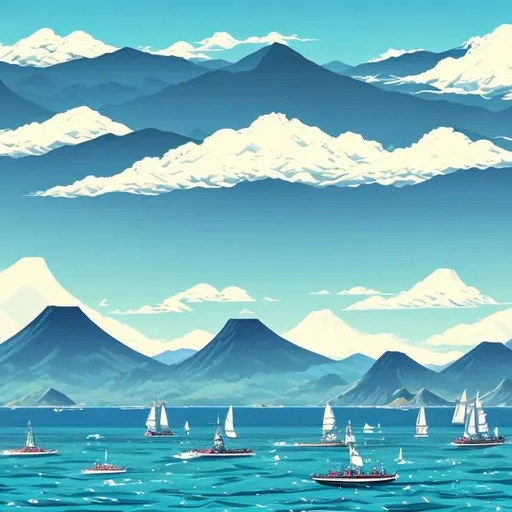 Prompt:   a stunning view of a bay with several japanese style sailboats in the foreground and majestic mountains in the background. The sky is filled with white, fluffy clouds that contrast beautifully against the deep blue water. The boats are sailing along peacefully, their sails billowing out as they move through the calm waters. In addition to these vessels, there are also some smaller boats scattered around them. On either side of this picturesque scene are lush green hills dotted with trees and buildings. Further away from shore, an island can be seen on the horizon surrounded by more tranquil waters