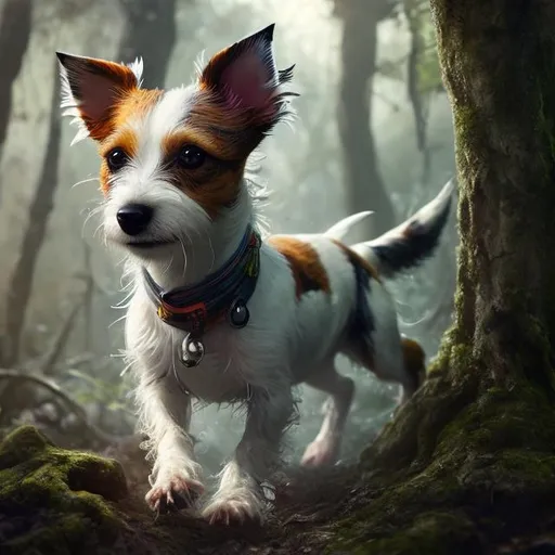 Prompt: realistic, hyper detailed, tricolor Jack Russell terrier, walking in the ancient forest , tail up, glamorous, immaculate HDR, UHD, high res, 64k, cinematic lighting, special effects, hd octane render, professional photograph, studio lighting, trending on artstation, perfect studio lighting, perfect shading. Model: DreamShaper V8