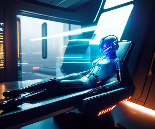 Prompt: a spaceship cyborg pilot in a transparent suit, laying down in a chair, in a cyberpunk setting, cyborg, implants, high details, realistic , professionally colour graded, photorealism, 8k, grim dark lighting, art by the Caravage