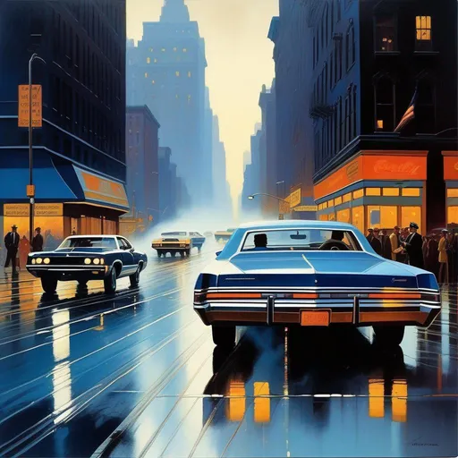 Prompt: 1970s New York, car chase, rain, fog, dark blue atmosphere, cartoony style, extremely detailed painting by Greg Rutkowski and by Henry Justice Ford and by Steve Henderson