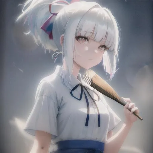 Prompt: Digital style painting, ayaka genshin impact bowl-cut white hair with hair bangs, side ribbons and a ponytail, holding hand fan, style of Pixar, Fragonard, highly-detailed, cinematic, washed out palette, soft pastel color palette, light trails, sunny day, translucent, iridescent, perfect composition, hyperrealistic, super detailed, 8k, high quality, sharp focus, intricate details, highly detailed, dynamic lighting, detailed and intricate environment, highest quality