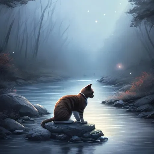 Prompt: emotional cat setting by a river mourning dramatic lighting full body full portrait far away digital drawing