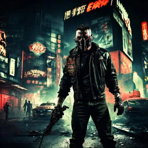Prompt: Muscular Villain. Tattoos. Tough. paramilitary jacket with gang logo. Slow exposure. Detailed. Dirty. Dark and gritty. Post-apocalyptic Neo Tokyo. Futuristic. Shadows. Sinister. Armed. Brutal. Intimidating. mask. Fanatic. Intense. Heavy rain. Neon lights in background. Explosion. Burning car in mid distance.  Explosive Detonator in hand.