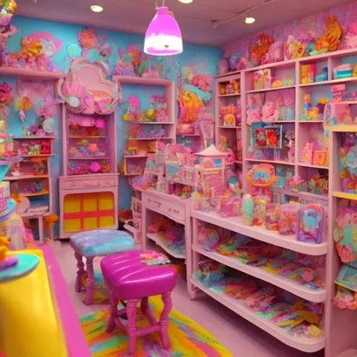 Prompt: Dollhouse toy store inspired by Lisa frank 