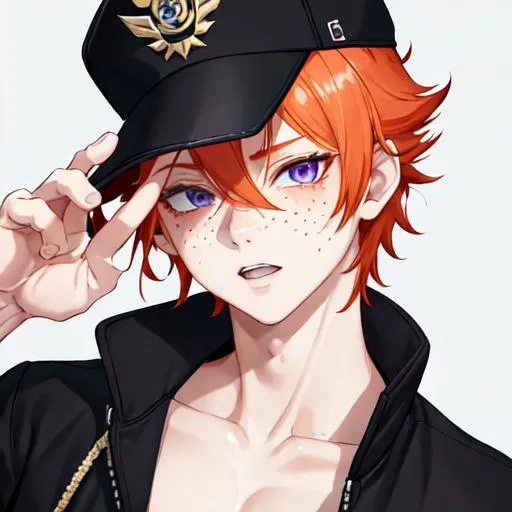 Prompt: Erikku male (short ginger hair, freckles, right eye blue left eye purple) muscular, UHD, 8K, Highly detailed, insane detail, best quality, high quality. hands in the air, wearing a sideways baseball cap, black jacket, black shorts, streetwear