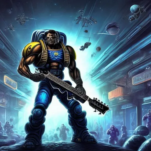 Prompt: Bodybuilding space marine, playing guitar for tips in a busy alien mall, widescreen, infinity vanishing point, galaxy background