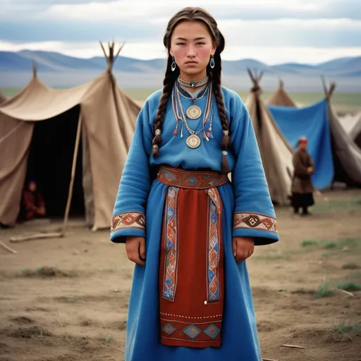 Prompt: A full length image of a 16 year old Tatar Mongokian girl  in 950AD is standing in the centre of a Tatar encampment in Mongolia. She has hair done in the Tatar style of the period. She is wearing Tatar clothing of the period. She is wearing Tatar face and body jewellery and make-up.