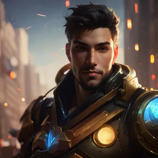 Prompt: upper torso portrait of league of legend's Jayce as time traveler, soft lighting, perfect composition, cinematic, video game trailer, dramatic, detailed painting, 8k, octane render, by makoto shinkai, stanley artgerm lau, wlop, rossdraws, concept art, digital painting, looking into camera, steam punk