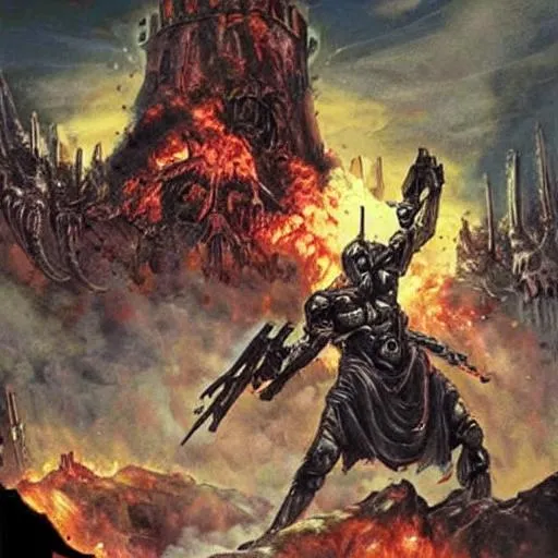 Prompt: A mutated human soldier is grabbing a holy prophet by the throat at the top of a burning citadel.