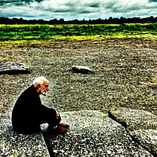 Prompt: An old man sitting on a slab of stone in the middle of a field