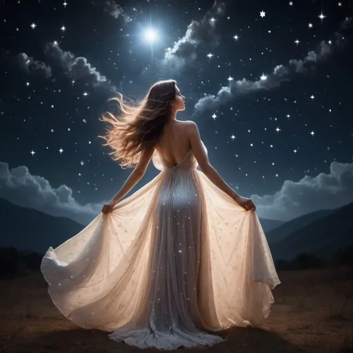 Prompt: In a serene setting beneath a canopy of twinkling stars, a beautiful woman stands illuminated by the soft glow of the moonlight. Her silhouette is striking against the dark night sky, creating a captivating contrast that accentuates her elegance and grace.

She has flowing hair that seems to shimmer and dance in the gentle night breeze, reflecting the subtle light of the stars above. Her eyes sparkle with a mysterious allure, mirroring the constellations that dot the sky.

Her attire is simple yet elegant, a flowing dress that seems to mimic the movement of the night sky itself. It billows gently around her as she stands, creating a dreamlike aura that adds to her ethereal beauty.

As she gazes up at the stars, a sense of wonder and awe fills her expression. Her connection to the universe is palpable, as if she holds a secret understanding of the mysteries of the cosmos.

Surrounded by the beauty of the night sky, this woman embodies the timeless allure of the heavens. Her presence is both calming and enchanting, making her a mesmerizing focal point against the backdrop of the starry night.






