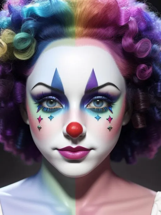 Prompt: beautiful clown, rainbow clown, happy-eyed clown, excited, dreamy, dreamy, perfect face, perfect eyes, perfect lips, perfect nose, intricate details, sharp focus, depth of field, volumetric lighting, fantasy majestic clothes, smooth soft skin, symmetrical face, soft lighting, detailed face, concept art, digital painting, ethereal, epic, 32k, intricate details, sharp focus, trending on artstation, kids story book style, muted colors, watercolor style