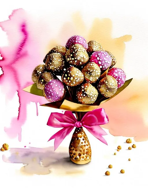 Prompt: watercolour painting art style, cute, ferrero rocher bouquet, pink colour, gold colour,