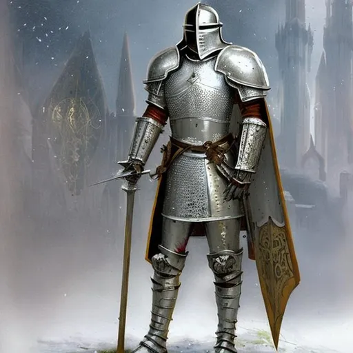 Prompt: medieval knight wearing white armour, style of James Christensen