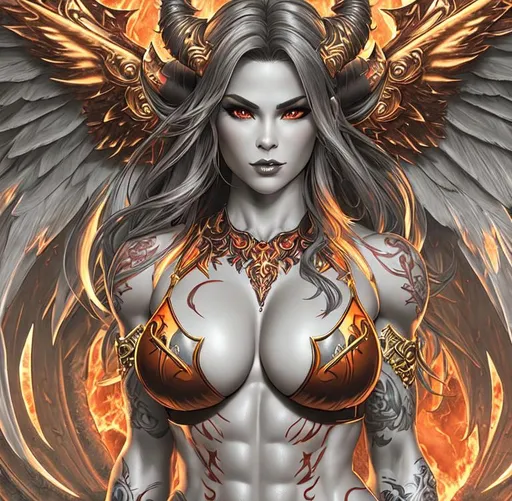 Prompt: {{{{highest quality full body splash art masterpiece, hyperrealistic, hyperrealism, {{female character of Demon Lilith}}, {{fiery hellish environment setting from World of Warcraft background}} intricately hyperdetailed, hyperrealistic intricate details, muscular muscle definition female bodybuilder, wet with sweats all over her body, perfect face, perfect body, {{thick hairy armpits}}, perfect anatomy, black crown, perfect composition, approaching perfection, Detailed and Intricate, Detailed Render, 3D Render, Unreal Engine, by Greg Rutkowski, intense sun heat, Concept Art, dark, DnD, fantasy, blood dripping from her mouth, red blood eyes, volumetric lighting, dramatic lighting, studio lighting, backlight, backlit, 3d lighting, UHD, HDR, 128K, HD, long shot, professional photography, Unreal Engine octane render, trending on artstation, front view, sharp focus, occlusion, centered, symmetry, ultimate, shadows, horror, dark fantasy, highlights, contrast, {{sexy}}, {{huge breast}}

}}}}

