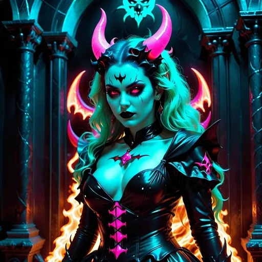 Prompt: beautiful female demon, hell, demonic, gothic, vaporwave, retro, neon, aesthetic, liminal, high quality, high definition, beautiful, dramatic lighting