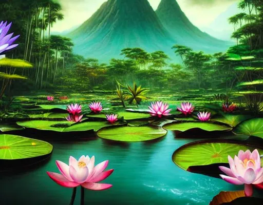 Prompt: Magic the gathering art, realistic art 4k, many lotus flowers in a really big water pool, some water lily, mountains and thick jungle forest in the backgroung