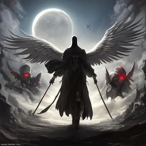 Prompt: redemption from a corrupt world full of evil, darkness, gloomy, sun, moon, starts, mech, angel of death, grim reaper