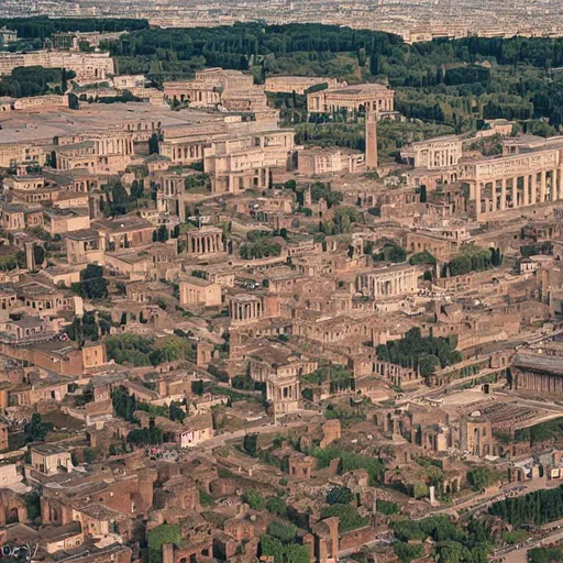 Prompt: Reconstruction  of ancient Rome in the year 0AD, from bird's view, over the Forum Romanum, in the summer morning at 10 AM inspired by imperial Rome in the movie "Gladiator".