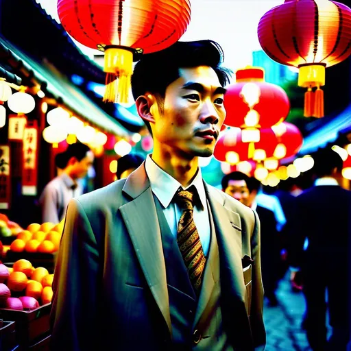 Prompt: A Chinese person, elegant and refined, dons a necktie, adding a modern twist to their traditional clothing. The scene is set in a bustling Chinese market, vibrant with colorful lanterns, fragrant spices, and ornate architecture. The mood is a blend of nostalgia and contemporary flair. The camera captures this juxtaposition, using a vintage film camera with soft focus and warm tones. Influenced by the works of Ai Weiwei's social commentary and Zhang Daqian's mastery of traditional Chinese painting, the image becomes a harmonious blend of culture and creativity.