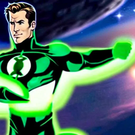 Prompt: Hal Jordan Ryan Reynolds Inspired, Green-Glowing-Cape floating in deep outer-space 