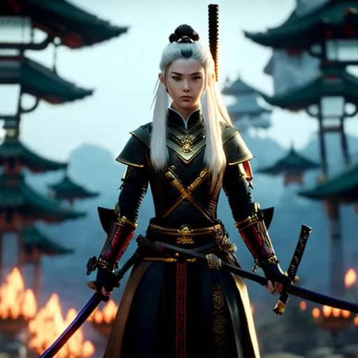 Prompt: Generate a cinematic image with a blonde woman, approximately 30 years old, wearing clothing that resembles samurai armor, fitted to the body. The main color of the outfit should be black with gold details. The woman holds a katana in her right hand; the sword has a blade with kanji engravings along its entire length.

The background scene should be a forest landscape, with majestic trees, colorful flowers and, to the right of the image, an imposing waterfall. The scene's lighting should highlight the details of the blonde woman and the sword, while creating a magical atmosphere in the forest. Make sure the woman's pose, facial expression, and sword position convey a sense of heroism and determination.

Image resolution must be high to capture every detail, providing an immersive and stunning visual experience. The combination of the woman, the clothes, the sword and the scenery must create a visually striking and coherent composition.