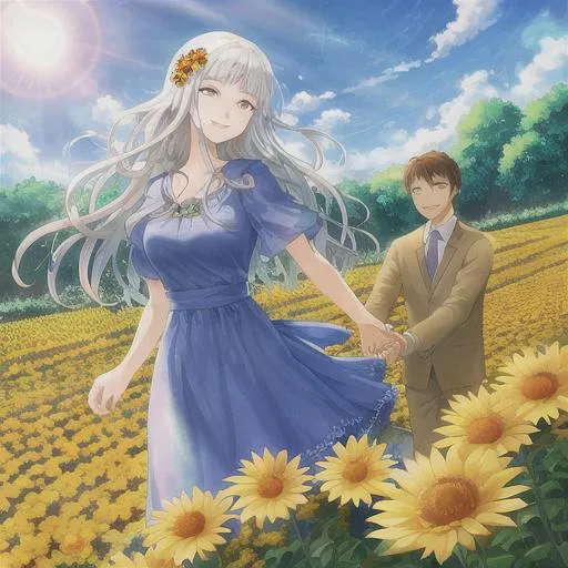 Prompt: A friend, holding my hands, in a flower field, the sun is bright and bring a smile on my face. Woman and man.