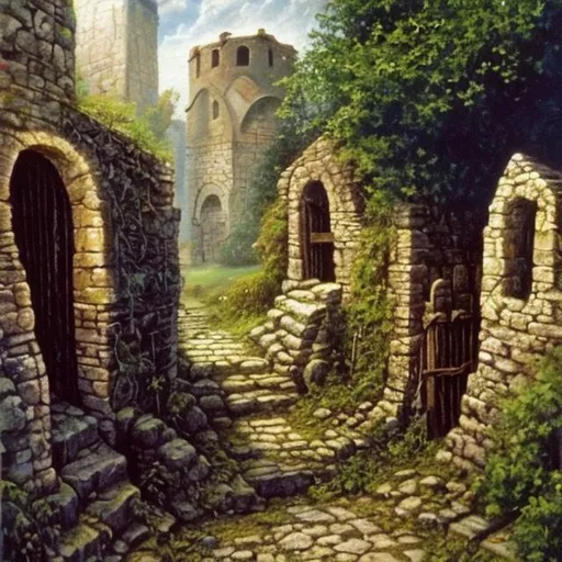 Prompt: Enter by the narrow gate; for wide is the gate and broad is the way that leads to destruction, and there are many who go in by it. Because narrow is the gate and difficult is the way that leads to life, and there are few who find it. As an oil painting.