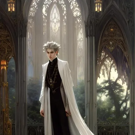 Prompt: Full body splash art of skinny male vampire, androgynous, handsome, short {WHITE} hair, pale skin, dark victorian clothes, elegant, highly detailed, intricate, smooth, sharp focus, artstation, digital painting, concept art, art by greg rutkowski, alphonse mucha and John William Waterhouse, dark, romantic, flirty, charming, hedonistic, decadent, wine