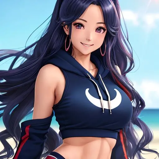 Prompt: extremely realistic, hyperdetailed, extremely long dark blue wavy hair anime girl, deep red blush, smiling happily, wears cropped hoodie, wears dolphins shorts, toned body, showing abs midriff, highly detailed face, highly detailed eyes, full body, whole body visible, full character visible, soft lighting, high definition, ultra realistic, 2D drawing, 8K, digital art
